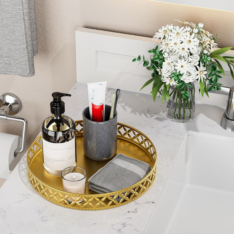 EKNITEY Bathroom Counter Vanity Tray - Perfume Makeup for Dresser Tops Gold Round Serving Candle Decorative Storage Home Decor 11'' Floral-gold - Image 3
